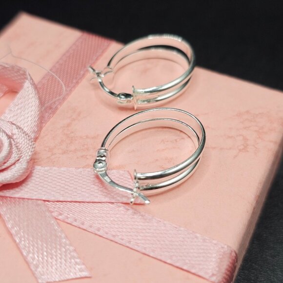 Sterling Silver 925 Rhodium Plated Double Oval Hoop Earrings 18mm - Picture 11 of 12